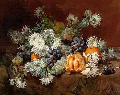 路易·玛丽·德·施莱弗的《水果和花朵的静物画》`Still Life with Fruits and Flowers by Louis Marie De Schryver
