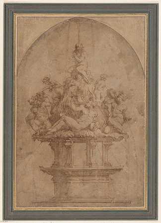 设计一个有河神和仙女的喷泉`Design for a Fountain with River Gods and Nymphs (1511–74) by Giorgio Vasari