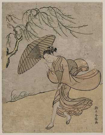 一个女人在微风中跑过一棵柳树`Woman Running Past a Willow Tree in a Breeze (1766 or 1767) by Suzuki Harunobu