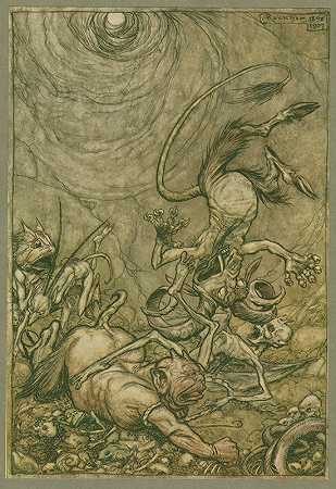 他被打了一巴掌，掉进了无底坑。`Into the bottomless pit he fell slap. (1911) by Arthur Rackham