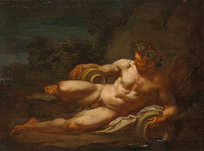 躺在风景中的河神`A river god reclining in a landscape by Circle of Nicolas Poussin