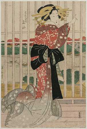 在俯瞰苏美达河的阳台上，朝吉亚的妓女美赞`The Courtesan Meizan of the Chojiya on a Balcony Overlooking the Sumida River (ca. early or mid 1820s) by Kikukawa Eizan