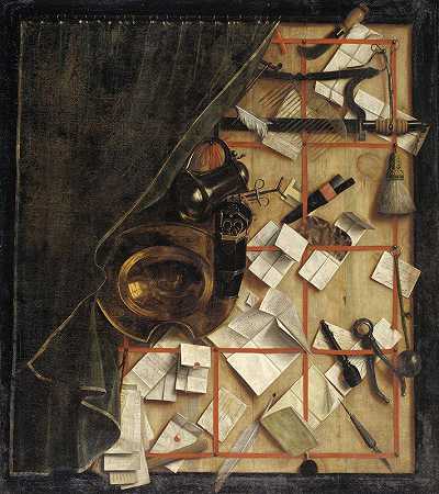 Trompe L厄尔。有理发师的信架科内利厄斯·诺伯图斯·吉斯布雷希茨的《s仪器》`Trompe Loeil. Letter Rack With A Barber~Surgeons Instruments (1668) by Cornelius Norbertus Gijsbrechts