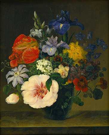 Hermania Neergaard的《杯子里的花》`Flowers In A Glass (1842) by Hermania Neergaard