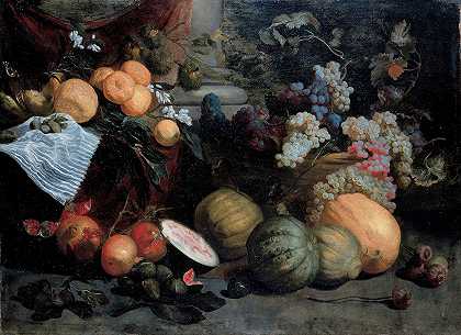 《水果蔬菜静物》简·罗斯`Still Life with Fruit and Vegetables by Jan Roos