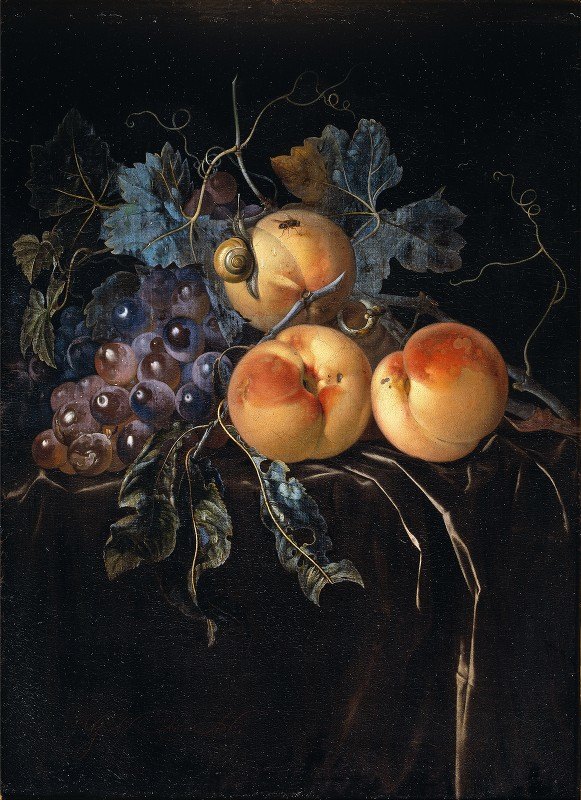 威廉·范·艾尔斯特的《桃子和葡萄的静物画》`Still Life with Peaches and Grapes by Willem van Aelst