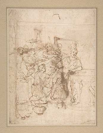 宴会现场一位坐着的战士出席了会议`Banquet Scene; A Seated Warrior Attended by a Number of Servants (1536–1614) by a Number of Servants by Cesare Nebbia