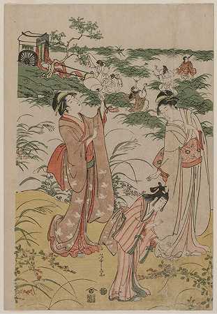 秋日荒野上追逐蟋蟀的女人`Women Chasing Crickets on an Autumn Moor (early 1790s) by Chōbunsai Eishi