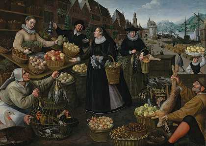 秋天的寓言法兰克福温马克大街上方的一个水果和蔬菜摊位`Allegory of Autumn; A fruit and vegetable stall above the Weinmarkt in Frankfurt (1594) by Lucas van Valckenborch