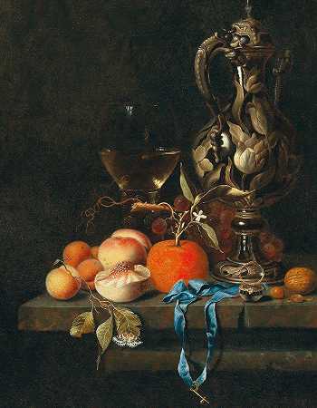 杏子、桃子和其他水果，带玻璃和一个罐子，由约翰内斯·博曼（Johannes Borman）设计`Apricots, peaches and other fruit with glass and a jug by Johannes Borman
