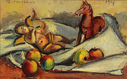 安东·费斯托尔的《苹果、推杆和马的静物画》`Stillleben mit Äpfeln, Putto und Pferdchen (1919) by Anton Faistauer