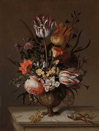 雅各布·马雷尔的《静物与一瓶花和一只死青蛙》`Still Life with a Vase of Flowers and a Dead Frog (1634) by Jacob Marrel