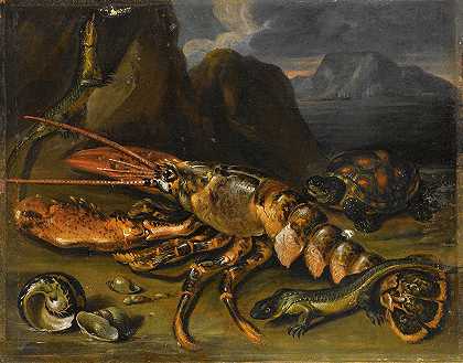 Marco de Caro的龙虾、蜥蜴和海龟静物画`Still Life With Lobster, Lizards And Turtle by Marco de Caro