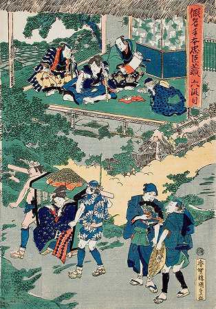 第六幕坎佩签署了47个罗宁的名单奥卡鲁被卖掉后被带走了`Act VI; Kampei Signing the Roll of the Forty~Seven Rōnin; Okaru, after Being Sold, is Taken by Palanquin to Kyoto Brothel (circa 1835) by Palanquin to Kyoto Brothel by Utagawa Kunisada (Toyokuni III)