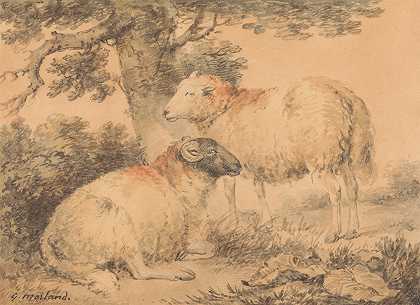 风景中的公羊和母羊`A Ram and Ewe in a Landscape by George Morland