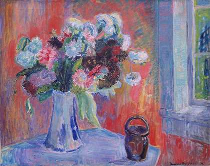 Thorvald Erichsen的红色室内花瓶`Flower Vase in red Interior (1930) by Thorvald Erichsen