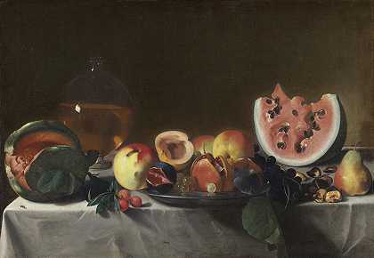 佩西奥南特·德尔·萨拉塞尼（Pensionante del Saraceni）的《水果与水瓶静物》`Still Life with Fruit and Carafe (c. 1610~1620) by Pensionante del Saraceni
