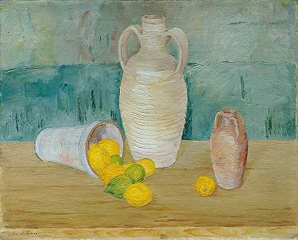 艾米尔·克劳斯的《带石罐和柠檬的静物画》`Stillleben mit Steinkrügen und Zitronen by Emil Kraus