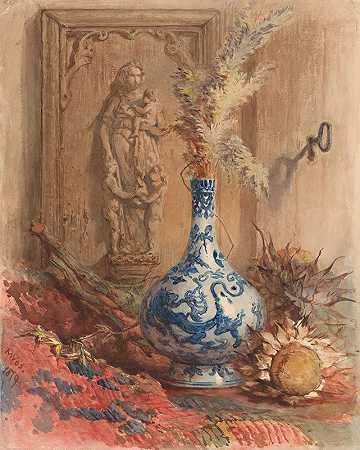玛丽亚·沃斯的《中国花瓶和干向日葵的静物画》`Stilleven met Chinese vaas en gedroogde zonnebloemen (1879) by Maria Vos