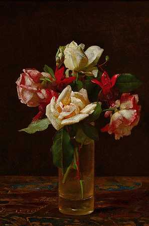 乔治·科克伦·兰布丁的《玫瑰与紫红色静物》`Still Life with Roses and Fuchsia (1873) by George Cochran Lambdin