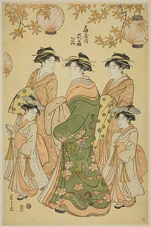Ogiya的妓女Hanaogi和儿童侍从Yoshino和Tatsuta`The Courtesan Hanaogi of the Ogiya, with Child Attendants Yoshino and Tatsuta (c. 1793) by Chōbunsai Eishi