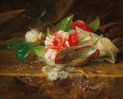 Jules Ferdinand Médard的茶花、贝壳和蕾丝小垫子静物画`Still life with camellia, a shell and a lace doily (1886) by Jules Ferdinand Médard