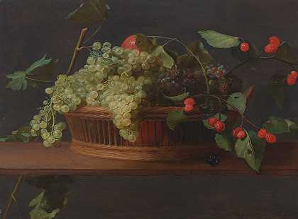 一篮葡萄和覆盆子放在窗台上——Jacob Fopsen van Es的油画板上`A basket of grapes and raspberries on a ledge oil on panel by Jacob Fopsen van Es