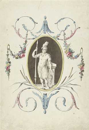 房间装饰设计，面板上有一个站立的战士`Ontwerp voor kamerversiering met een paneel met een staande krijger (1767 ~ 1823) by Abraham Meertens