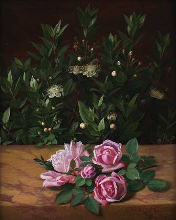 《玫瑰与桃金娘》奥托·迪德里克·奥特森`Roses And Myrtles (1876) by Otto Didrik Ottesen