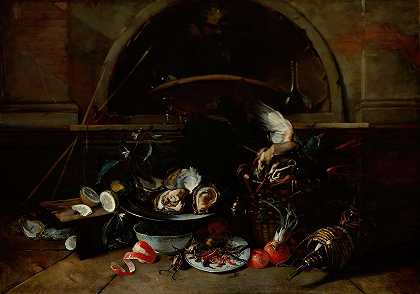 尼古拉·范·霍布拉肯的《瓶子和牡蛎的静物》`Still Life with Bottles and Oysters (circa 1700) by Nicola van Houbraken