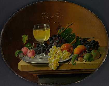 Severin Roesen的静物水果和葡萄酒杯`Still Life Fruit and Wine Glass (1865–70) by Severin Roesen