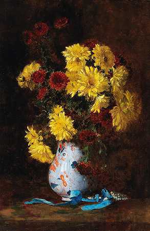 Eugène Henri Cauchois花瓶中的紫菀花束`Bouquet of Asters in a Vase by Eugène Henri Cauchois