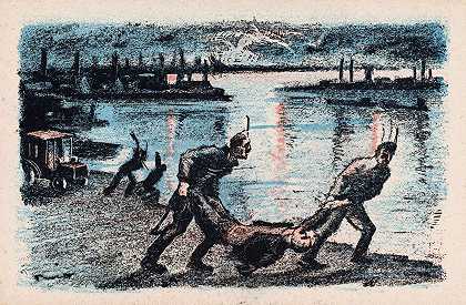 士兵们把一个人扔进多瑙河`Soldaten gooien een man in de Donau (1920) by Mihály Biró