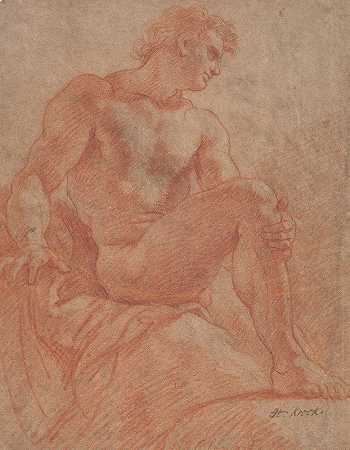 坐着的男模特`Siddende mandlig model (1671 – 1738) by Hendrik Krock