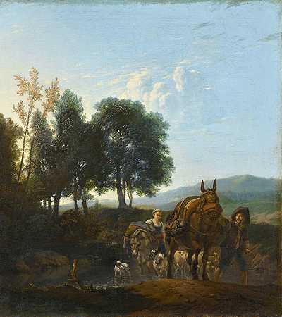带骡子司机的景观`Landscape with Mule Driver (1650 ~ 1655) by Karel Dujardin