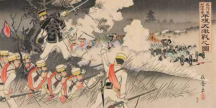 从文山到平阳的军队和两军之间的激烈战斗`Troops Marching from Weonsan to Pyeongyang and the Fierce Battle between Two Armies (1894) by Tomita Shūkō