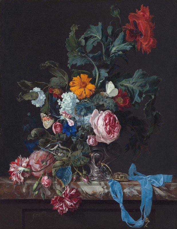 Willem van Aelst的《花卉静物与钟表》`Flower Still Life with a Timepiece (1663) by Willem van Aelst