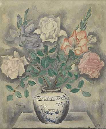 《戴夫特罐子里的玫瑰静物》，小柳成贵著`Still Life with Roses in a Delft Jar by Sei Koyanagui