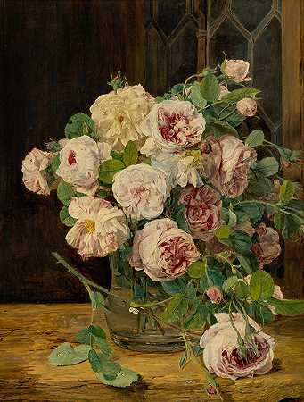 费迪南德·格奥尔格·瓦尔德穆勒的《窗边的玫瑰花束》`Rosenstrauß am Fenster (1832) by Ferdinand Georg Waldmüller