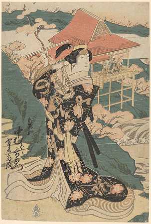 手持樱花的演员`Actor Holding Cherry Blossom (late 18th century – early 19th century) by Toyokuni Utagawa