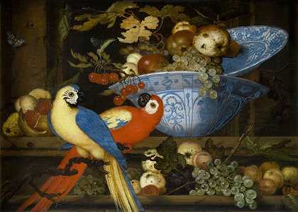 《水果静物与两只鹦鹉》巴尔塔萨·范德阿斯特著`Fruit Still Life With Two Parrots (1623) by Balthasar van der Ast