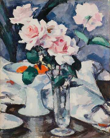 塞缪尔·约翰·佩普洛的《玻璃花瓶中的粉红玫瑰》`Pink Roses in a Glass Vase (late 1920s) by Samuel John Peploe