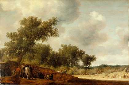 猎鹿人的风景`Landscape with Deer Hunters (circa 1630) by Salomon van Ruysdael