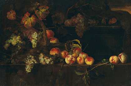 柳条篮子里的葡萄和桃子，以及窗台上的其他水果，这是尼古拉斯·德拉吉利埃（Nicolas de Largillière）创作的远处风景`Grapes and peaches in a wicker basket with other fruit on a ledge, a landscape beyond by Nicolas de Largillière