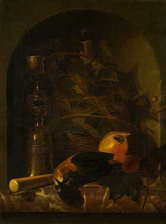 约翰·范·海恩斯伯根的《柳条壶静物》`Still Life with a Wicker Jug (1665) by Johan Van Haensbergen