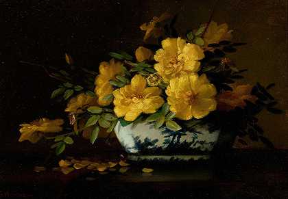 乔治·W·西维《东方花瓶中的黄玫瑰静物》`Still Life of Yellow Roses in an Oriental Vase by George W. Seavey