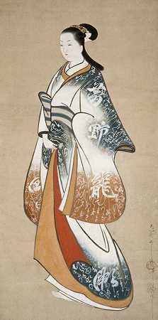 穿着书法和服的站着的妓女`Standing prostitute wearing a kimono decorated with calligraphy (c. 1730) by Takizawa Shigenobu