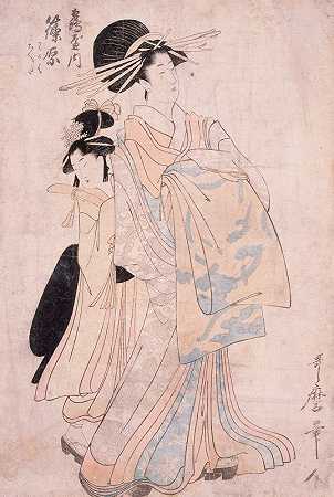 Tsuruya、kamuro Wakaba和Chieda的妓女Shinowara`Courtesan Shinowara of Tsuruya, kamuro Wakaba and Chieda (circa 1804) by Kitagawa Utamaro