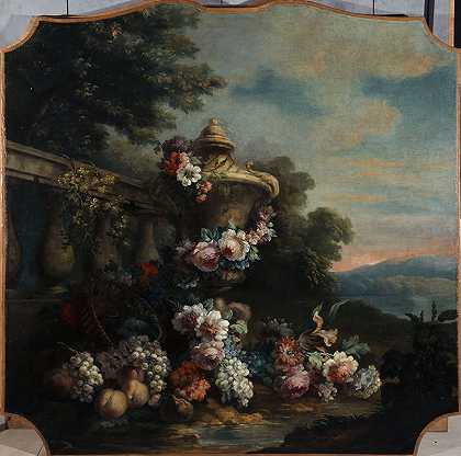 花瓶、花卉和水果在风景中。费利克斯·布特鲁克斯`Vase, fleurs, et fruits dans un paysage. (1911) by Félix Boutreux