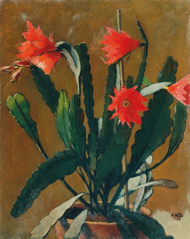 安东·胡拉的《仙人掌盛开的静物》`Stillleben Mit Blühendem Kaktus (1929) by Anton Hula